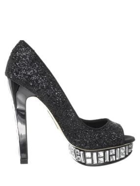 Boutique 9 Black Glitter Platform Peep Toe Pumps, Size 7.5